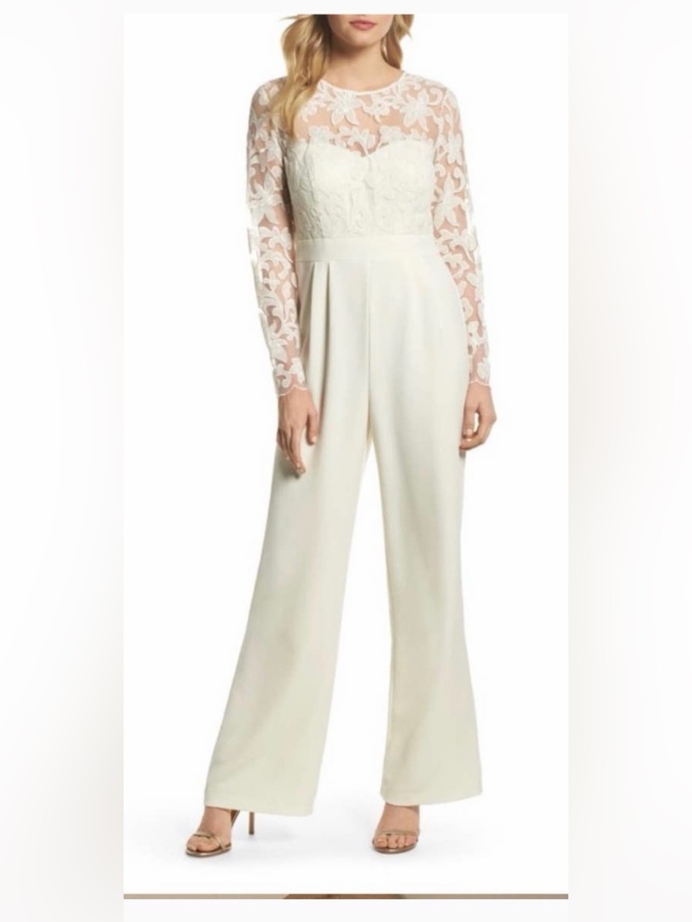 Eliza J White Creme Wide-Leg Lace Embroidered Jumpsuit